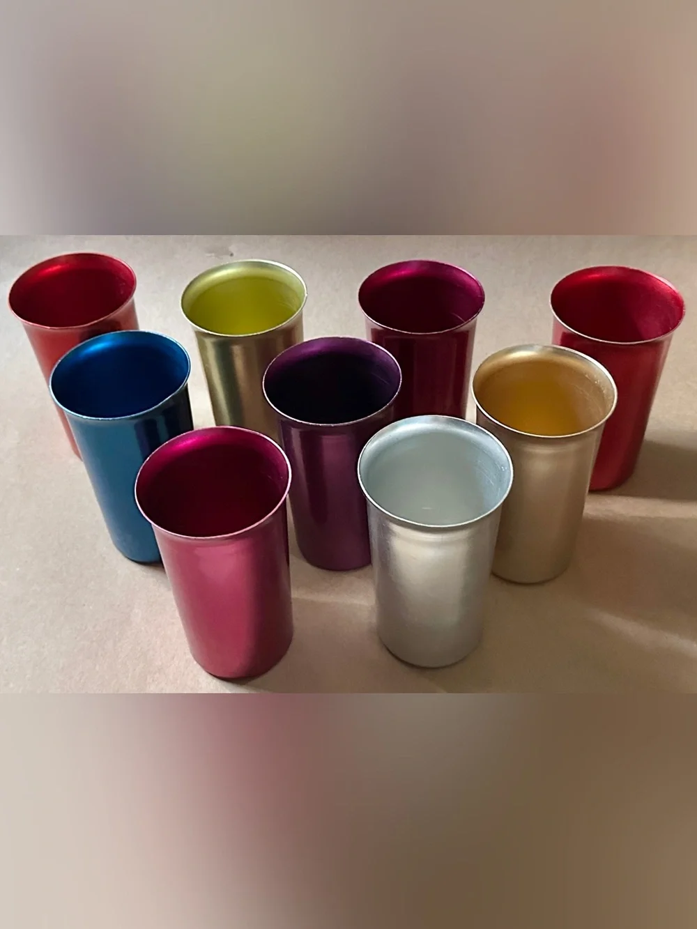 1950s MCM Sunburst Colorful Anodized Aluminum Drinking Glasses Lot of 9